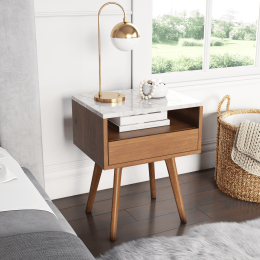 White and Brown Walnut Finish Faux Marble Top Storage Rectangular Accent Side or End Table