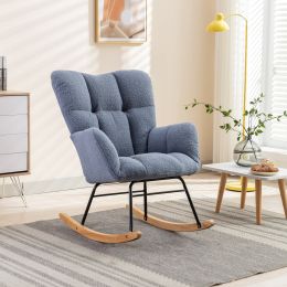 Mid Century Modern Teddy fabric Tufted Upholstered Rocking Chair Padded Seat for Living Room Bedroom; Light Blue