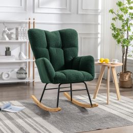 Mid Century Modern Teddy Fabric Tufted Upholstered Rocking Chair Padded Seat For Living Room Bedroom; Dark Green