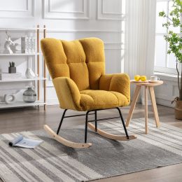 Mid Century Modern Teddy Fabric Tufted Upholstered Rocking Chair Padded Seat For Living Room Bedroom; Yellow