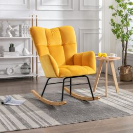 Mid Century Modern Velvet Tufted Upholstered Rocking Chair Padded Seat for Living Room Bedroom; Yellow