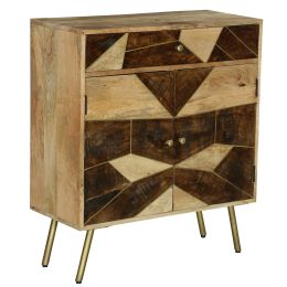 Brita 36 Inch Mango Wood Nightstand Side Table Cabinet; 2 Doors; Geometric Inlaid Design; Brown; Gold; DunaWest