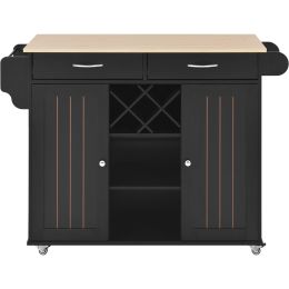 K&amp;K Store Kitchen Island Cart with Two Storage Cabinets and Four Locking Wheels; Wine Rack; Two Drawers; Spice Rack; Towel Rack (Black)