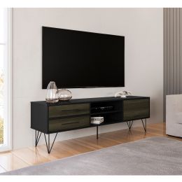60 Inch Wood and Metal 1 Door TV Entertainment Stand with 2 Drawers; Brown and Black