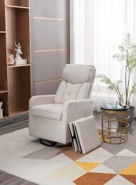 New Cotton Linen Fabric Material Swivel Rocking Accent Leisure Chair With Folding Or Storage Ottoman Footrest; Cream White