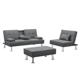 Convertible Fabric Folding Sofa Bed with 2 Cup Holders; Removable Armrest and Metal Legs; Single Sofabed with Ottoman ; 3 pcs for 1 sets .