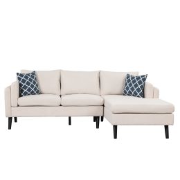 84.65" Modern Upholstered L-Shape Sofa Couch with Chaise and 2 Pillows; 3-Seater Couch with rubber wood legs for Living Room; Apartment; Small Space (Color: Beige)