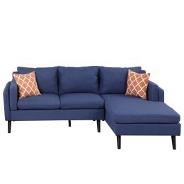 84.65" Modern Upholstered L-Shape Sofa Couch with Chaise and 2 Pillows; 3-Seater Couch with rubber wood legs for Living Room; Apartment; Small Space (Color: Blue)