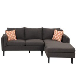 84.65" Modern Upholstered L-Shape Sofa Couch with Chaise and 2 Pillows; 3-Seater Couch with rubber wood legs for Living Room; Apartment; Small Space (Color: Black Brown)