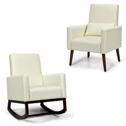 2-in-1 Fabric Upholstered Rocking Chair with Waist Pillow (Color: Beige)