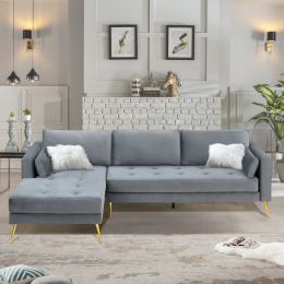 Sectional Sofa with Two Pillows; L-Shape Upholstered Couch with Modern Elegant Velvet for Living Room Apartment (Color: Gray)
