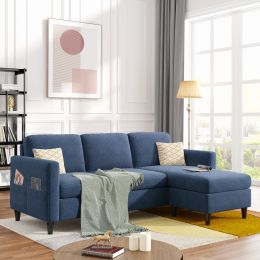 Reversible Sectional Sofa with Handy Side Pocket; Living Room L-Shape 3-Seater Couch with Modern Linen Fabric for Small Space (Color: Blue)