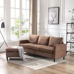 Sectional Sofa with Handy Side Pocket; Living Room L-Shape 3-Seater Couch with Movable Ottoman for Small Space (Color: Brown)