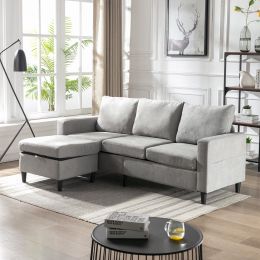 Sectional Sofa with Handy Side Pocket; Living Room L-Shape 3-Seater Couch with Movable Ottoman for Small Space (Color: Grey)