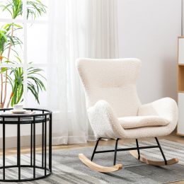 Teddy Fabric Padded Seat Rocking Chair With High Backrest And Armrests (Color: Beige)