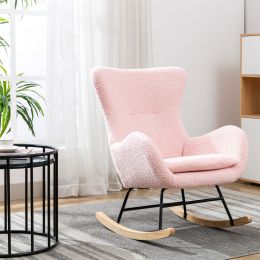 Teddy Fabric Padded Seat Rocking Chair With High Backrest And Armrests (Color: Pink)